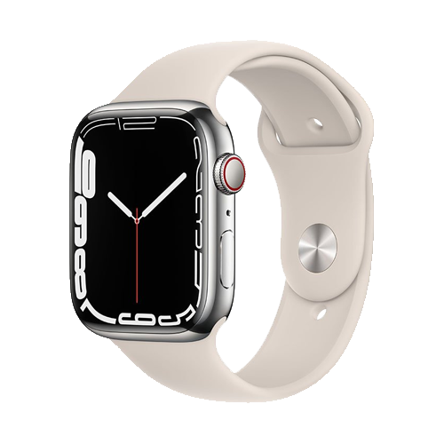 Location APPLE Watch Series 7 boîtier en Acier Inoxydable Argent bracelet Sport Lumière Stellaire | APPLE
